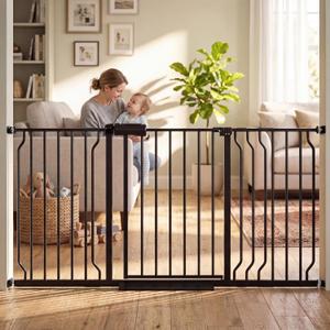 Extra Wide Baby Gate with Door, 52.76~62.2 Inch Wide Presure Mounted No Drill Metal Auto Close Child Gate for Stair Doorway - Indoor Outdoor Safty Gate for Toddler Dog Doggie, Black