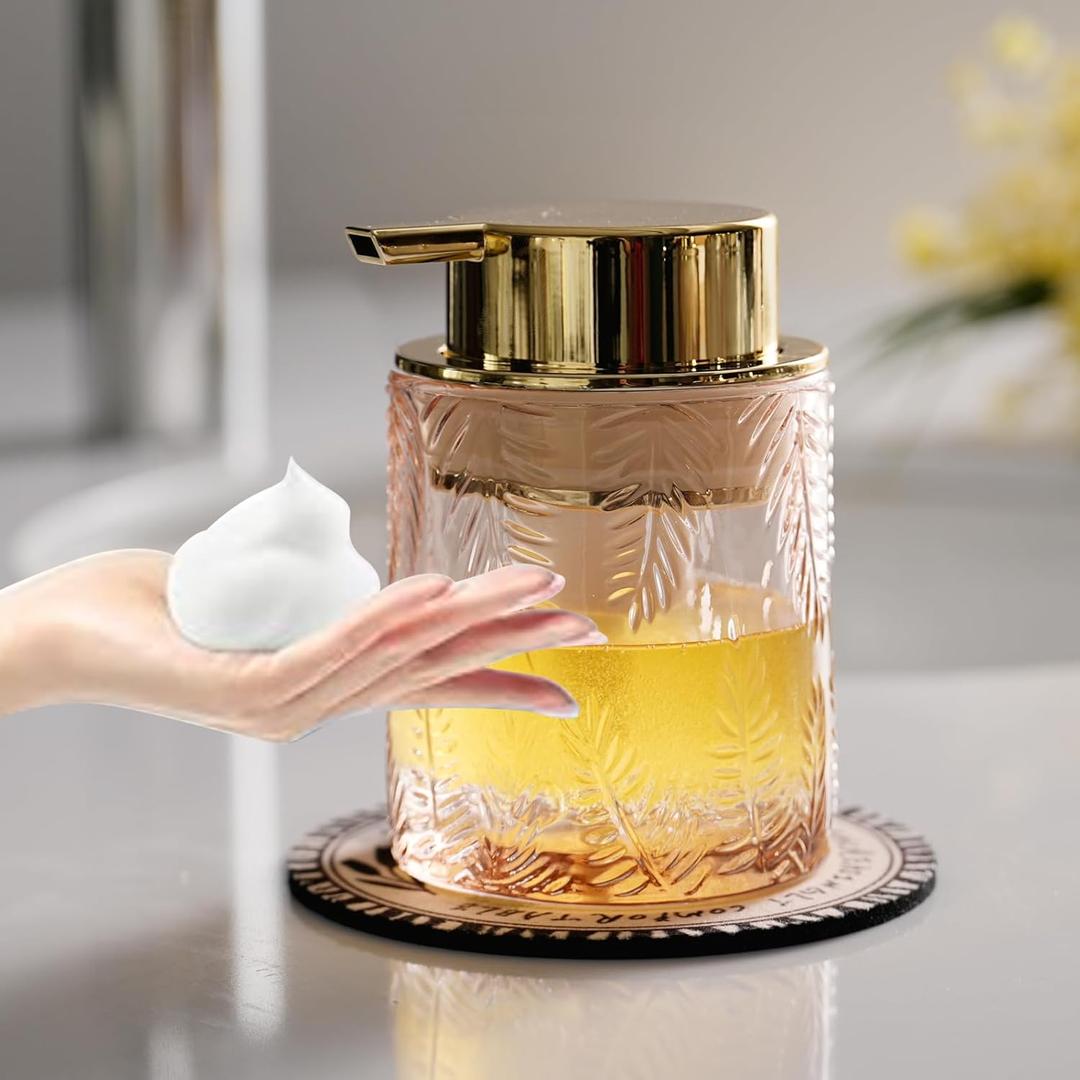 CICUFY Glass Foam Soap Dispenser for Kitchen & Bathroom - Refillable Lotion Dispenser with Large Gold Pump (Leaf Pattern-Pink)