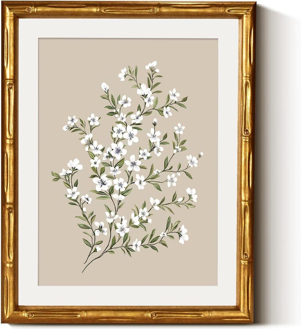 Framed White Flower Canvas Print Wall Art, Minimalist Botanical Beige Background Blossom Floral Artwork, 11x14 Gold Bamboo-Textured Frame Clear Acrylic Cover Farmhouse Bedroom Offices Decor