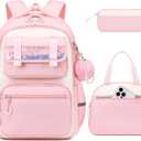 Backpack for Girls,3Pcs Elementary Kids School Bag,Middle Students Teen Girls Backpack,Kawaii Book bag ages 6-12 Pink White