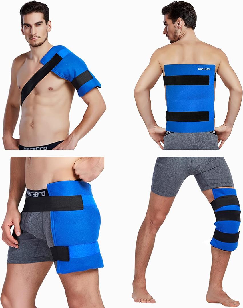 Koo-Care Large Flexible Gel Ice Pack & Wrap with Straps for Hot Cold Therapy - Pain Relief for Shoulder Rotator Cuff, Back, Hip, Knee Replacement Surgery, Shin Splint Injuries Reusable - 11" x 14" (Blue)