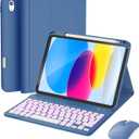 RAYMCRAFT for iPad 11th (A16, 2025) / 10th Generation Case with Keyboard, Mouse and Detachable Wireless Keyboard, 7-Color Backlight, Slim Case with Pencil Holder, Steel Blue