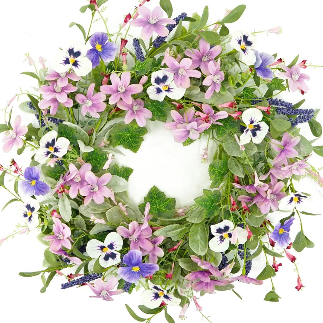 Spring Wreaths for Front Door Summer Wreath with Pansy Flower,Lamb Ear Leaves,Ivy Leaf for Indoor Outdoor Farmhouse Porch Wall Holiday Window Decoration