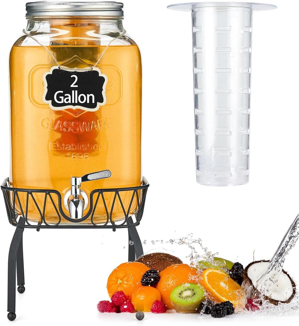 2 Gallon Glass Beverage Dispenser with Stand & Fruit Infuser, Stainless Steel Spigot - Glass Drink Dispensers for Parties, Drink Dispensers with Lids for Lemonade Sun Tea