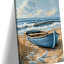 RJETZMU Coastal Boat Beach Canvas Wall Art, Gallery Wrapped Print, 16x24 | Soft Nautical Palette Solid Inner Wood Frame Peaceful Shoreline Scene Clean Frameless Edge Profile