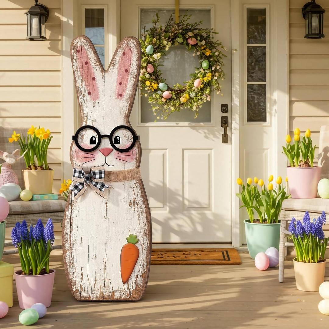 Yerliker 35 Inch Easter Wooden Porch Sign Wooden Bunny Standing Sign Decoration Easter Rabbit Outdoor Decor Bunny Shape Decor for Porch, Yard, Front Door, Garden, Patio, Outdoor