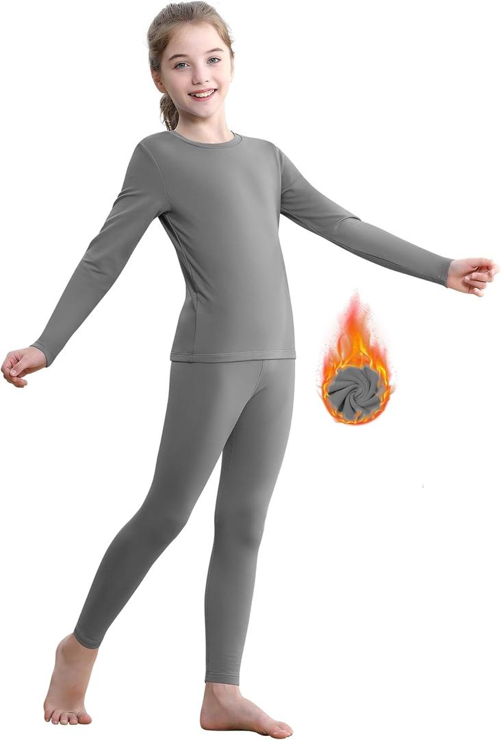 QooNoo Girls Thermal Underwear for Kids Long Johns Base Layer Set Winter Fleece Lined Top and Bottom Set (Medium, Dark Gray)