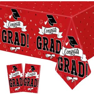 QZYL 2 PCS Graduation Tablecloth, 108" X 54" Red Graduation Table Decorations 2026, Disposable Plastic Tablecover for Grad Decor Party Supplies, Rectangle Table Cloths for Class 2026 Congrats Grad