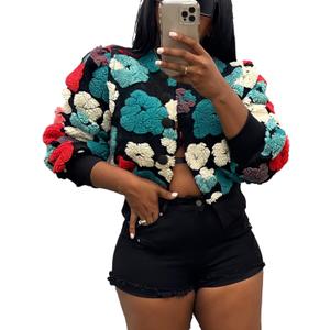 Aimiray Women's Cropped Fleece Jacket Long Sleeve Warm Bomber Sherpa Jacket Floral Printed Varsity Coats (XL)