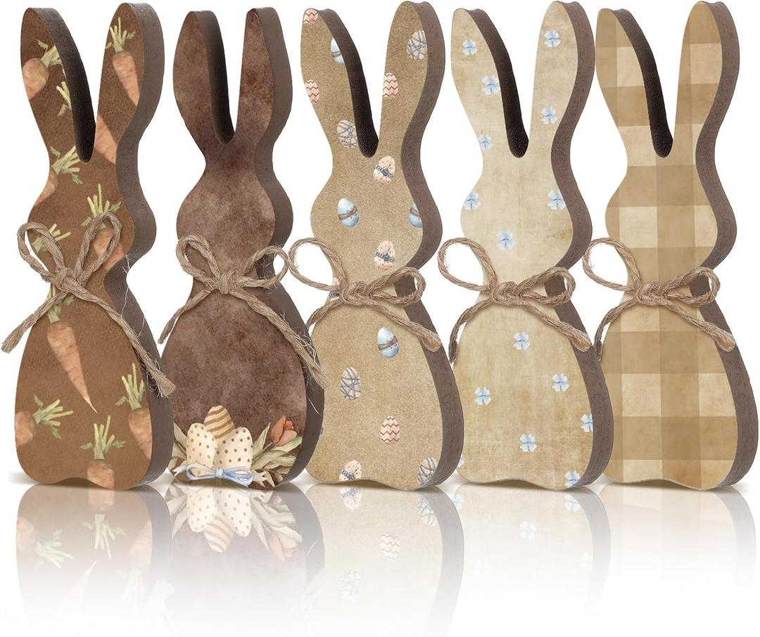 Beeveer 5 Pcs Easter Bunny Wooden Signs Table Decor Tiered Tray Decor Rustic Rabbit Table Centerpiece Freestanding Gifts for Easter Farmhouse Spring Party(Classic)