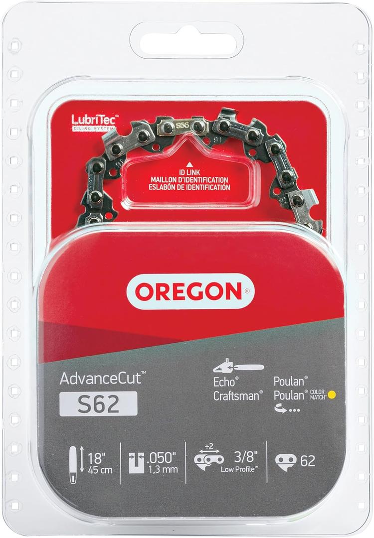 Oregon S62 AdvanceCut Chainsaw Chain for 18-Inch Bar, 62 Drive Links, low-kickback chain, fits Husqvarna, Echo, Poulan, Craftsman, Echo and more (5/32")