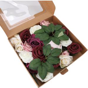 Artificial Flowers Combo Set Fake Flower Leaf Box with Stems for DIY Wedding Bouquets Centerpieces Flower Arrangements Decorations Baby Shower Party Home Decorations (Burgundy)