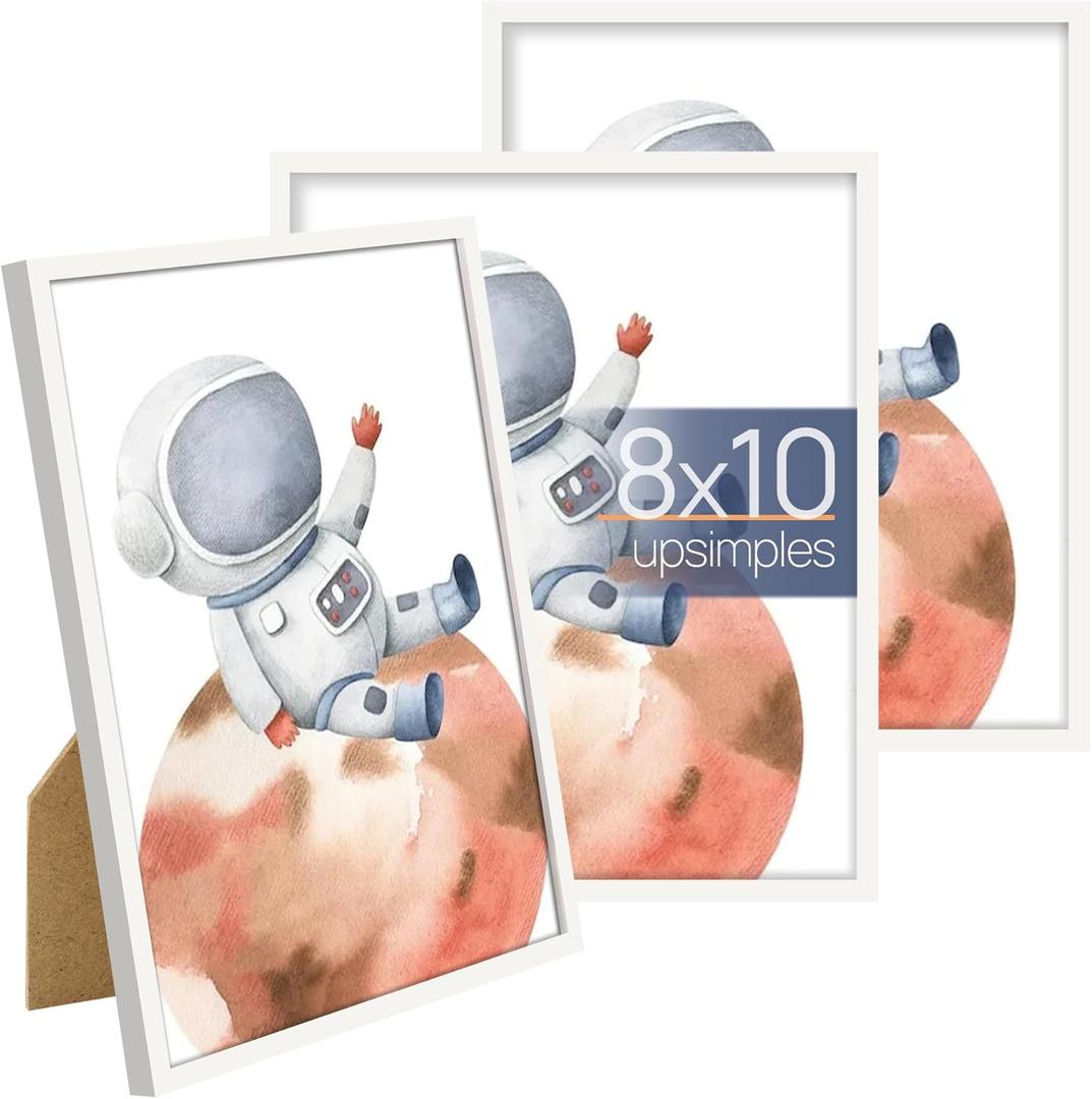 Upsimples 8x10 Picture Frame Set of 3, Made of High Definition Glass for 8 x 10, Wall and Tabletop Display Thin Border Photo Frames for Home Decor, White