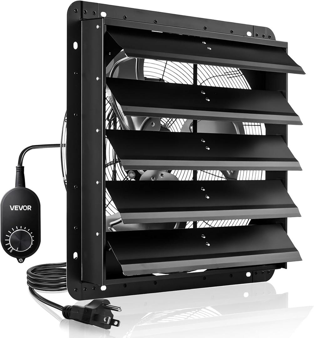 VEVOR 20 inch Shutter Exhaust Fan, Wall Mounted Attic Vent Fan with Variable Speed Controller, 3000 CFM, AC Motor, Heavy-duty Steel, Low Noise for Shed, Garage, Greenhouse Ventilation Cooling, Black