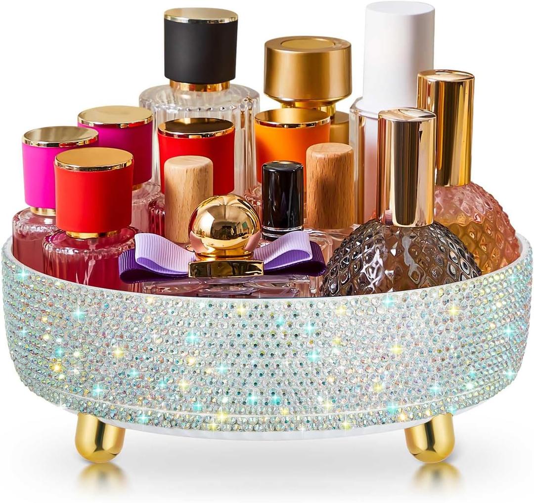 Honeydak Bling Perfume Makeup Organizer Rhinestone Bathroom Organizers and Storage 360 Rotating Makeup Organizer for Countertop Women Girls Essentials(White,Rhinestone)