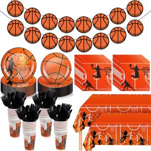 Domensi 214 Pcs Basketball Party Decorations, Basketball Paper Plates and Napkins, Cups, Tablecloths, Cutlery and Banner Disposable Tableware Set for Sports Birthday Party Supplies, Serves 30