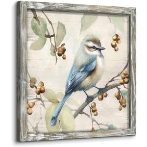 Bird Floral Wall Art Framed: Elegant Flower Blossom Picture Blue Bird on the Tree Branch Wood Painting Animal Prints Artwork for Bathroom