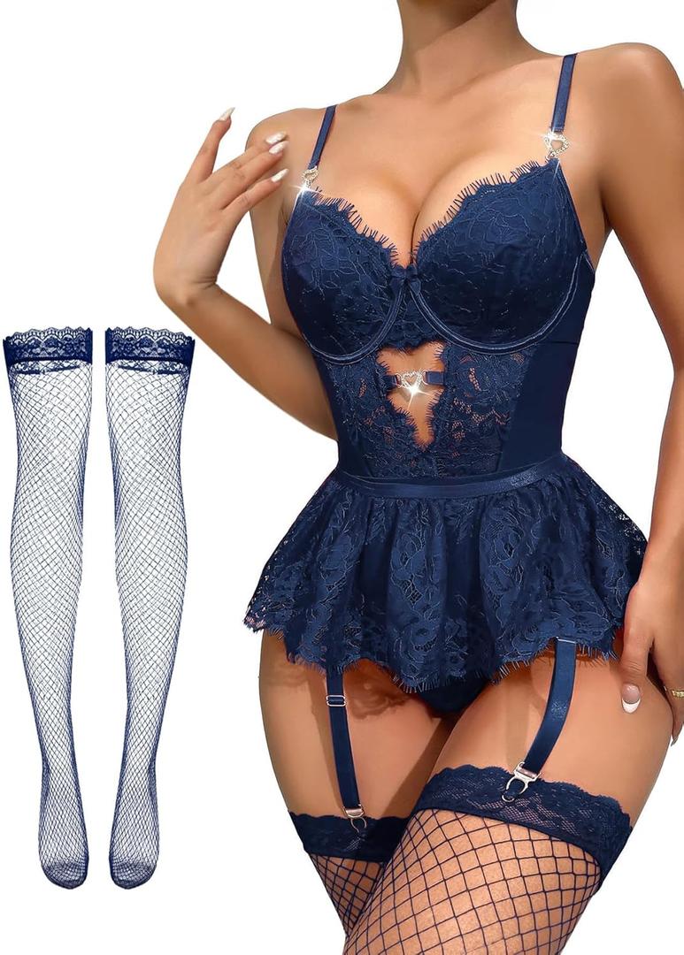 Lilosy Sexy Stocking Rhinestones Heart Garter Underwire Floral Mesh lace Sheer Babydoll Lingerie Teddy Bodysuit Skirt Set (XX-Large, Navy Blue)