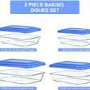 KOMUEE 8 Pieces Glass Baking Dish with Lids Rectangular Glass Baking Pan he set includes 4 glass baking pans of different sizes: 1qt (10 x 5.9 x 1.8-inch), 1.7qt (11.6 x 6.7 x 2.1-inch), 2.3qt (13.6 x 8.1 x 2.1-inch), and 3.2qt (15.5 x 9.3 x 2.1-inch)