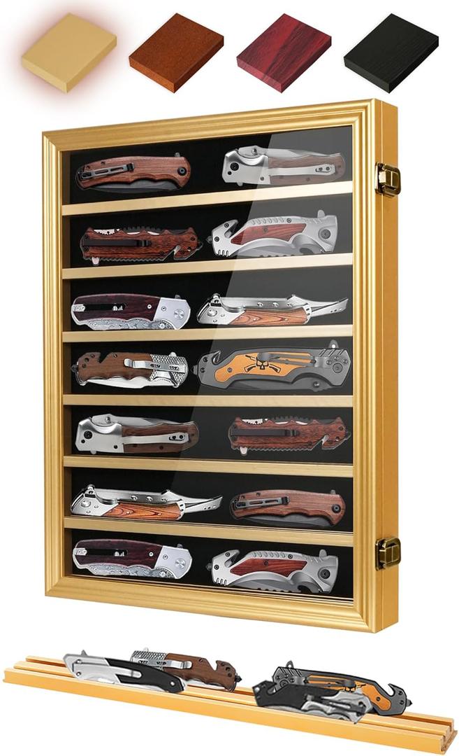 Pocket Knife Display Case 7 Rows Lockable Wooden Knife Shadow Box with HD Tempered Glass, Military Folding Knife Cabinet Stand for Wall with Removable Shelves, Gold