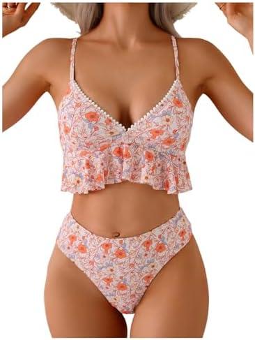 Verdusa Women's 2 Piece Boho Floral Cute Tankini Set Ruffle Camisole Tops with Bottom L, Pink 