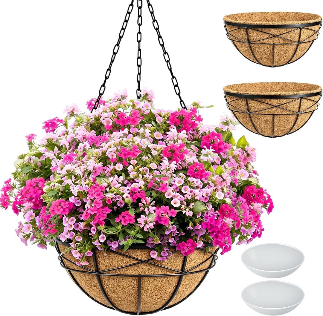 2 Pack 16 Inch Hanging Planters for Outdoor Plants Metal Wire Flower Baskets with Coco Liner & Plastic Saucer Large Deep Hanging Plant Pots for Porch Balcony Garden Dcor