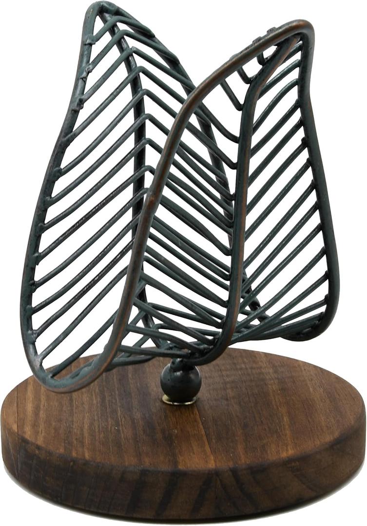 OwlGift Freestanding Modern Napkin Holder w/Golden Turquoise Wrought Iron Leaf & Brown Wooden Base Design, Tabletop Tissue Dispenser, Napkin Storage Organizer