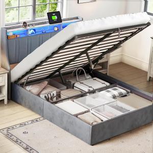 LINSY Lift Up Storage Bed Queen Bed Frame with Storage, Upholstered Bed Frames with Headboard, Queen Size Platform Bedframe with LED Lights & Charging Station, No Box Spring Needed, Dark Grey