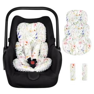 Infant Car Seat Insert, Car Seat Head Support Baby Girls Boys, Soft & Reversible Newborn Carseat Insert Cushion with 2 Strap Covers, for Stroller, Swing, Bouncer (White Wildflowers) (Watercolor Floral)