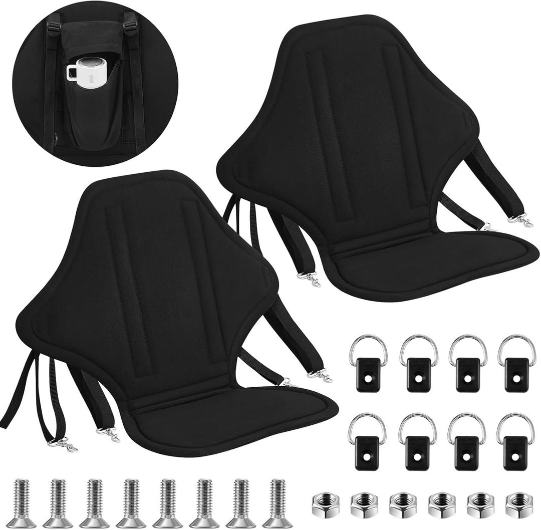 Lewtemi 2 Pack Padded Kayak Seat Fishing Boat Seat with Storage Bag 8 Fixed D Rings Screws Detachable Paddle Board Chair Canoe Chair with Adjustable Back Strap for Summer Canoe Universal Sit (Black)
