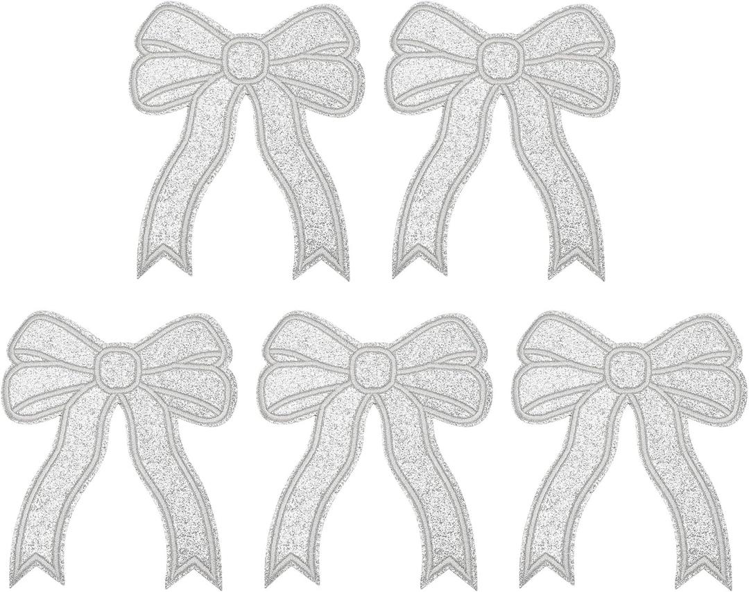 Bow Iron on Patches, Sequin Bow Embroidered Patches Cute Fabric DIY Decorative Applique -Fitting for (Clothes - Hats - Jeans - Backpacks - Sewing) 5 Pack & Silver