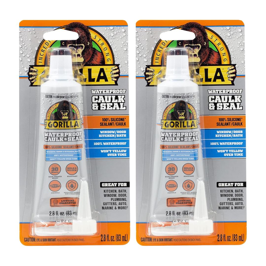 Gorilla 100% Silicone Caulk, Waterproof Sealant, 2.8oz Squeeze Tube (Pack of 2)  Clear -10 Year Mold Resistant Kitchen, Window, Bath, Marine, Door and More