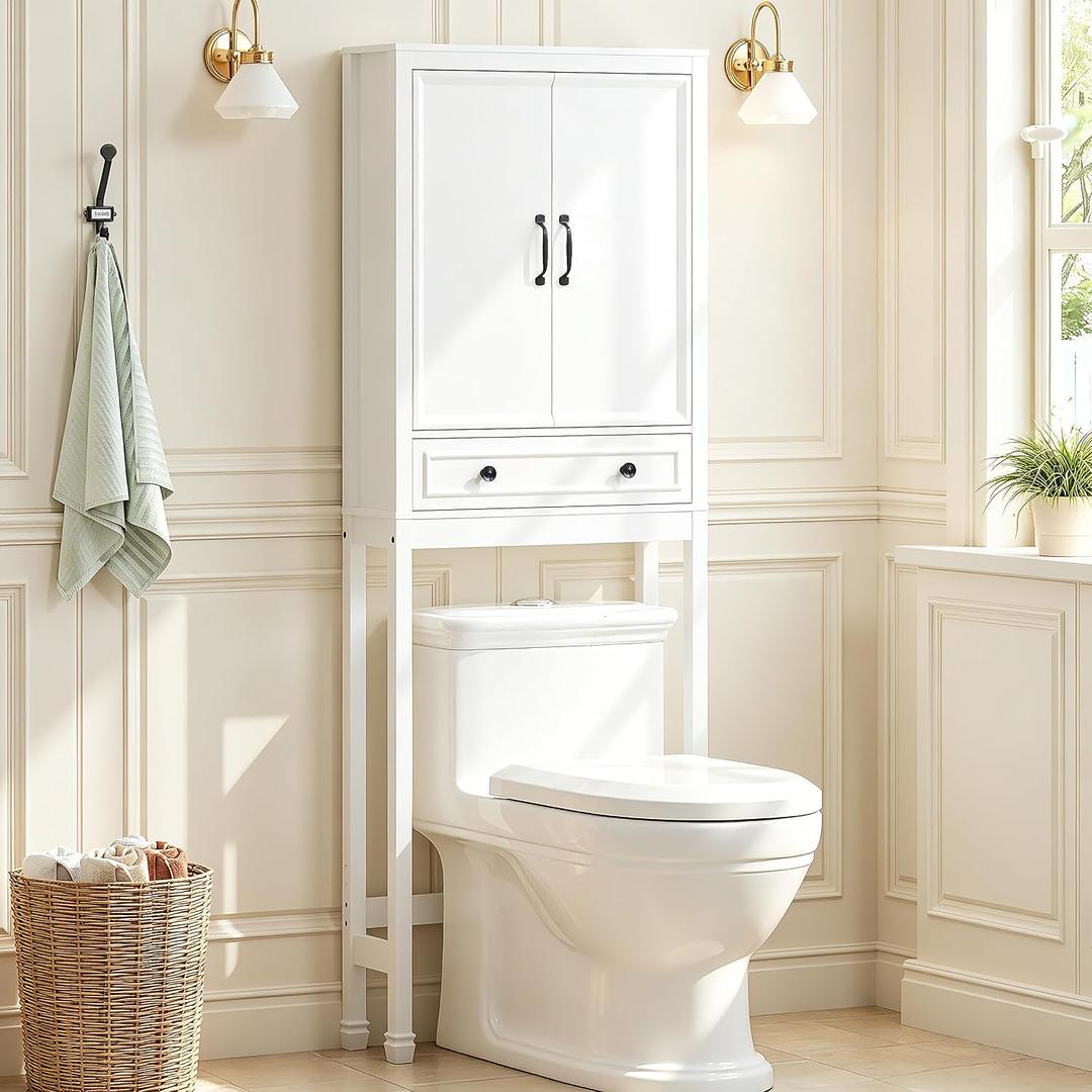 Spirich Over The Toilet Storage Cabinet with Doors and Tilt-Out Cube, White, 23.6" W x 7.8" D x 66.4" H