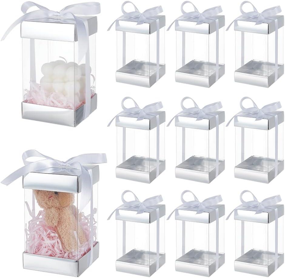 BENECREAT 10Pcs Clear Plastic Gift Box with Silver Paper Lid, Rectangle Gift Packaging Boxes with Polyester Ribbon for Birthdays, Weddings and Christmas, 3.2x3.2x5.7inch