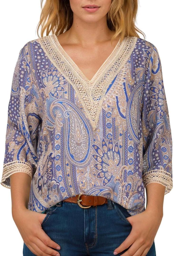 IRISGOD Womens 3/4 Length Sleeve V Neck Tops Dressy Casual Chiffon Blouse Summer Floral Bohemian 2025 Tredny Shirts (M)