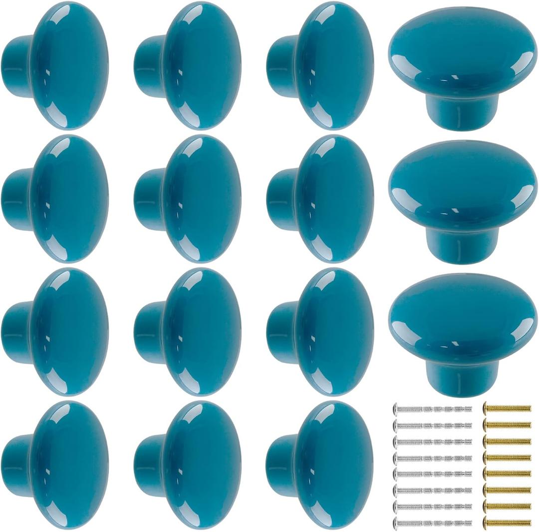 15pcs Ceramic Cabinet Blue Drawer Knobs, Round Shaped Dresser & Vanity Knobs for Compet Kids Girls Children's Bedroom & Closet Cupboard