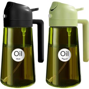 YARRAMATE 16oz/470ml 2PCS Light Blockage Dark Oil Sprayer for Cooking, 2 in 1 Olive Oil Dispenser Bottle for Kitchen, Green Glass Oil Bottle, Food-Grade Oil Mister for Air Fryer, BBQ (Black & Green)