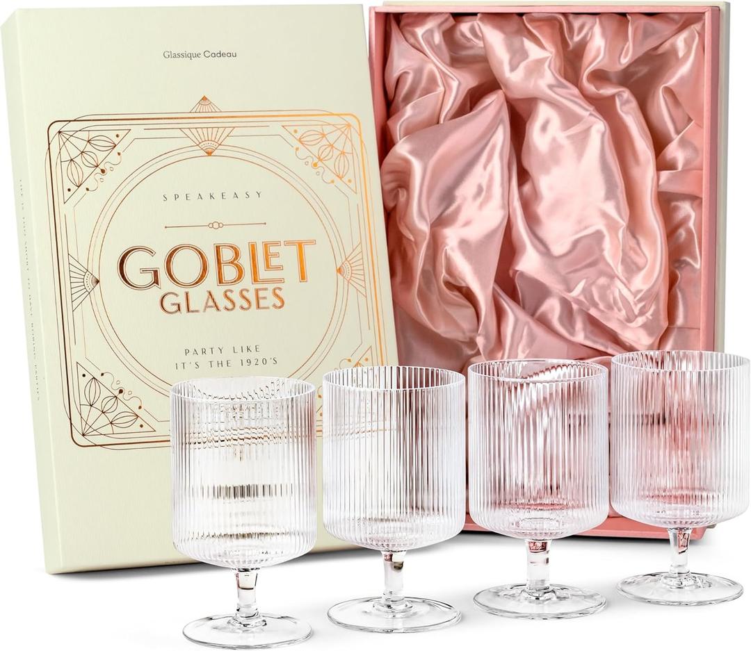 GLASSIQUE CADEAU Vintage Art Deco Ribbed Goblet Cocktail Glasses with Stem | Set of 4 | 10 oz Short Stemmed Crystal Tumblers for Drinking Classic Whiskey, Gin, Bar Drinks
