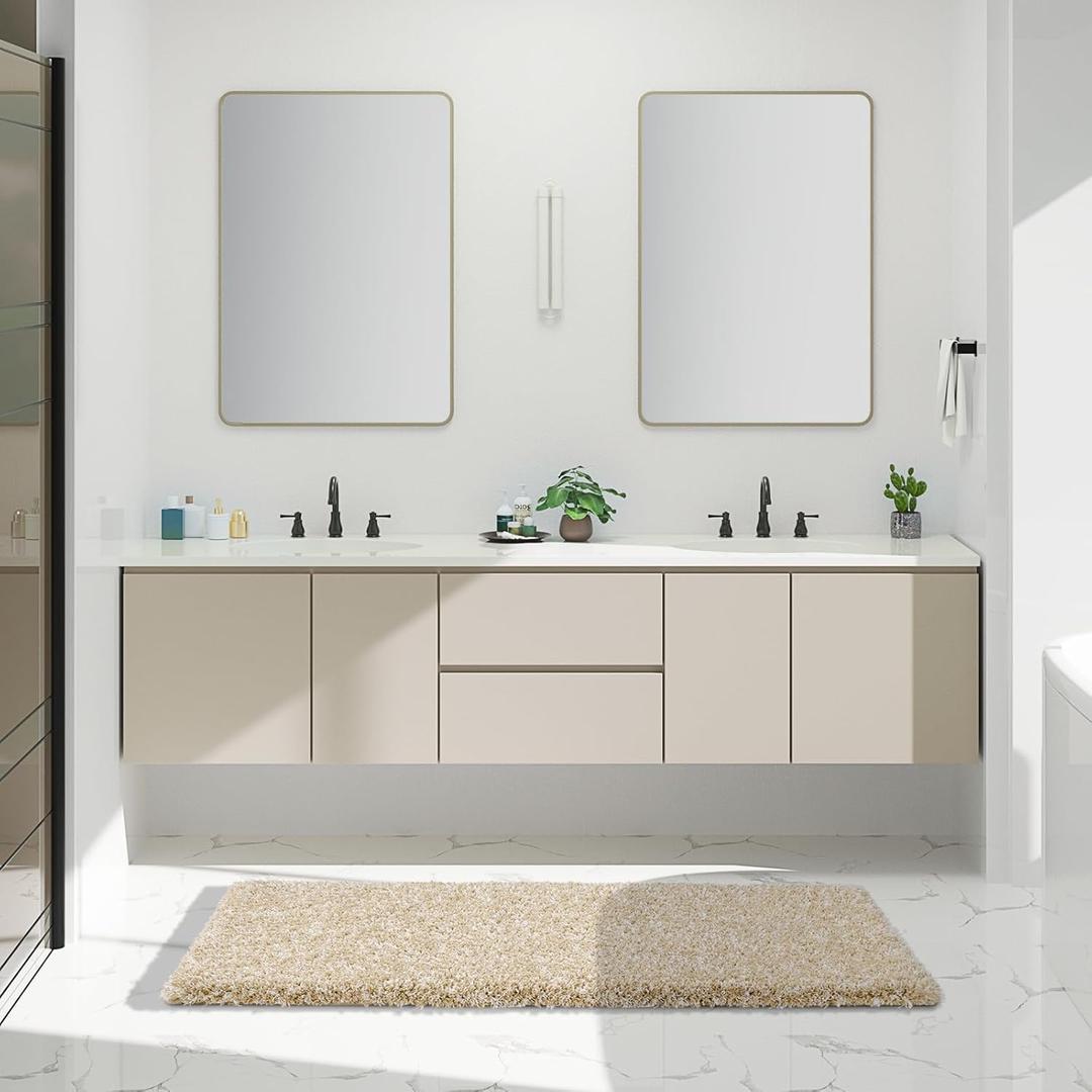 Yimobra Luxury Bathroom Rugs, Fluffy Bath Mats, Non Slip, Water Absorbent Microfiber, Machine Washable, Plush Runner Shower Rugs, Thick Matts for Bathroom Floor/Tub, 60"x 24", Light Beige and White