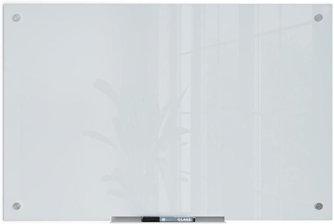 U Brands Glass Dry Erase Board, 23" x 35", White Frosted Surface With Silver Grommets, Frameless