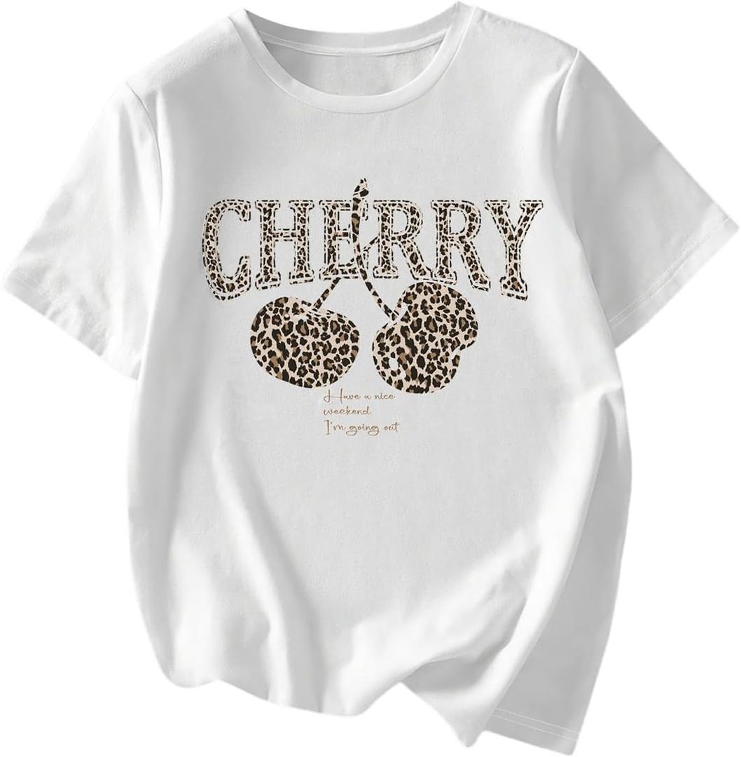 RoseSeek Women's Graphic Letter Tee Crew Neck Drop Shoulder Trendy Summer T Shirt Short Sleeve Vintage Car Print Top (XS)