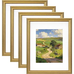 eletecpro 11x14 Gold Picture Frames Set of 4, Vintage Photo Frames with Clear Acrylic Cover, Gallery Wall Art Display 8x10 Photo with Mat or 11x14 without Mat for Tabletop or Wall Mount, Home Decor