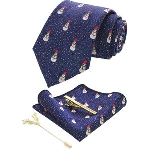 Festival Christmas Tie and Pocket Square with Tie Clip and lapel pin Set (Navy Blue7)