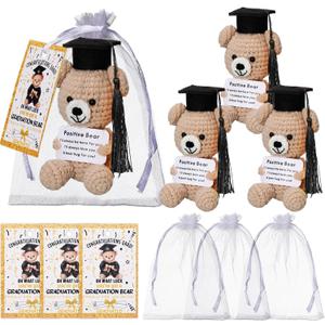 Gerrii 3 Pack 2025 Positive Graduation Crochet Bear Gift Grad Tassel Bear Decoration with Congratulation Cards Tag Organza Bags for Middle High School College Graduation Party Supplies (Black)
