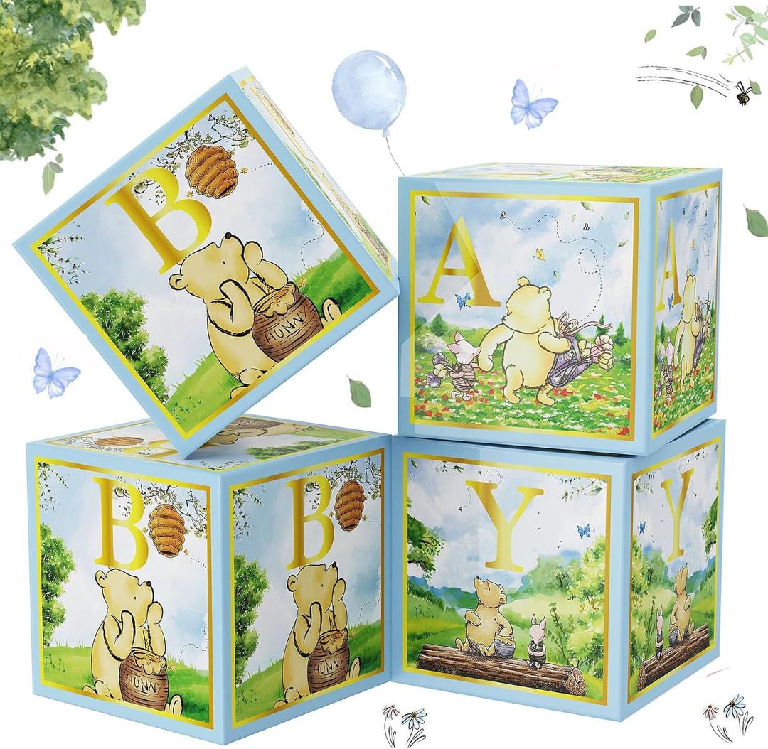 Classic Winnie Baby Shower Boxes Blue for Newborn Baby Boy Girl, Vintage Winnie Bear First 1st Birthday Party Decorations the Pooh Theme Box Block Supplies for Kids Cake Smash Photography Favor Props