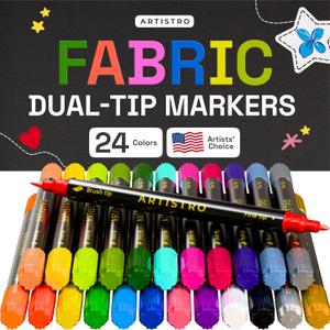 ARTISTRO 24 Dual-Tip Fabric Markers - Fabric Decorating Kit - Permanent for Clothes - No Bleed Pens for T-Shirts, Bags, Textile, Canvas, and More (Brush Tip and Fine Tip)