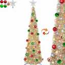5 Ft Lighted Tinsel Pop Up Christmas Tree Happy New Year 2025 with 50 Warm White & Multicolor Changing Lights Timer 8 Mode Ball Ornaments Battery Operated Pencil Artificial Slim Tree Xmas Decoration