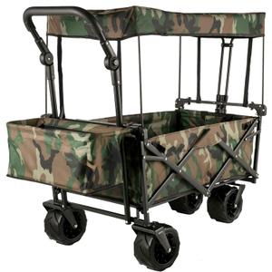 VEVOR Collapsible Wagon with Canopy, 220lbs Foldable Wagon, Beach Wagon Cart with Big Wheels and Canopy with Adjustable Push Pulling Handles (Camouflage)
