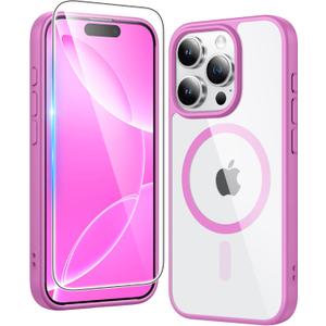 FNTCASE for iPhone 16 Pro Case: Clear Magnetic Phone Cases with Screen Protector Compatible with Magsafe Slim Anti Yellowing Rugged Shockproof Protective Transparent Cell Phone Cover (B-Pink)