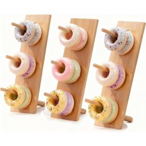 Christmas Gift Bamboo Donut Wall Stand (Pack of 3) - Wooden Doughnut Display Stand for Christmas Party, Birthday, Wedding, Dessert Table Decoration